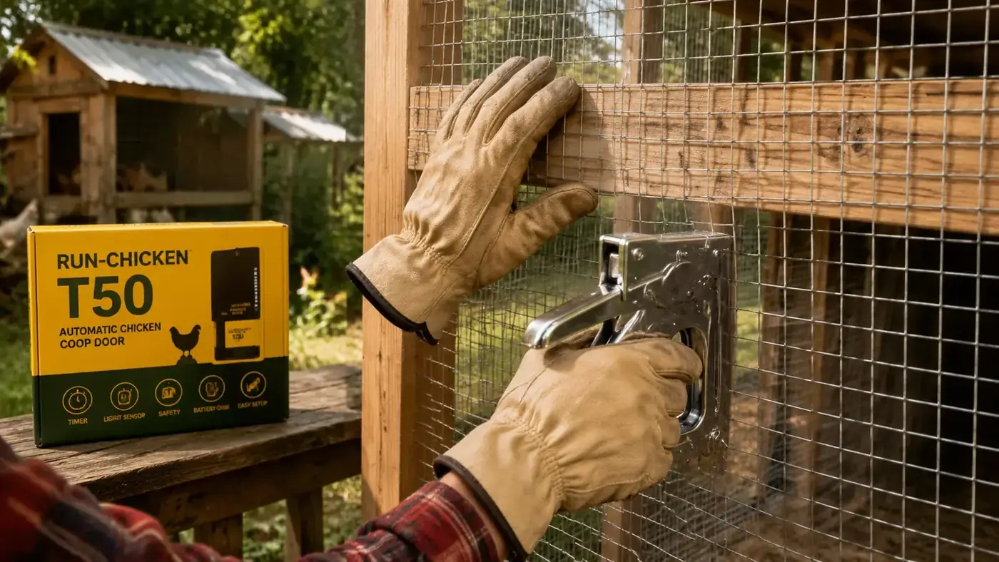 Close-up of a person's hands bending and stapling hardware cloth around the base of a chicken run frame