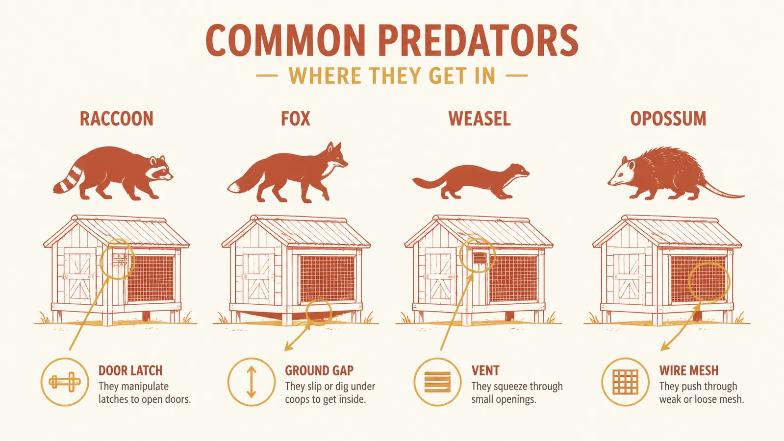 Infographic comparing predator entry methods: raccoons vs foxes vs weasels vs opossums with silhouettes and entry-point labels