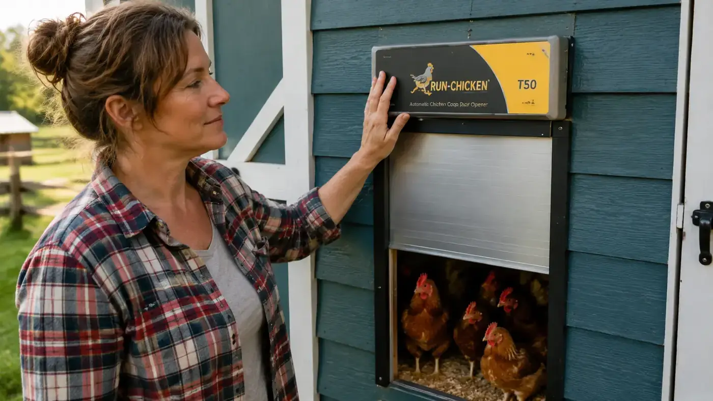 RUN-CHICKEN T50 automatic coop door mounted on the side of a wooden coop, door panel partially raised showing chickens inside