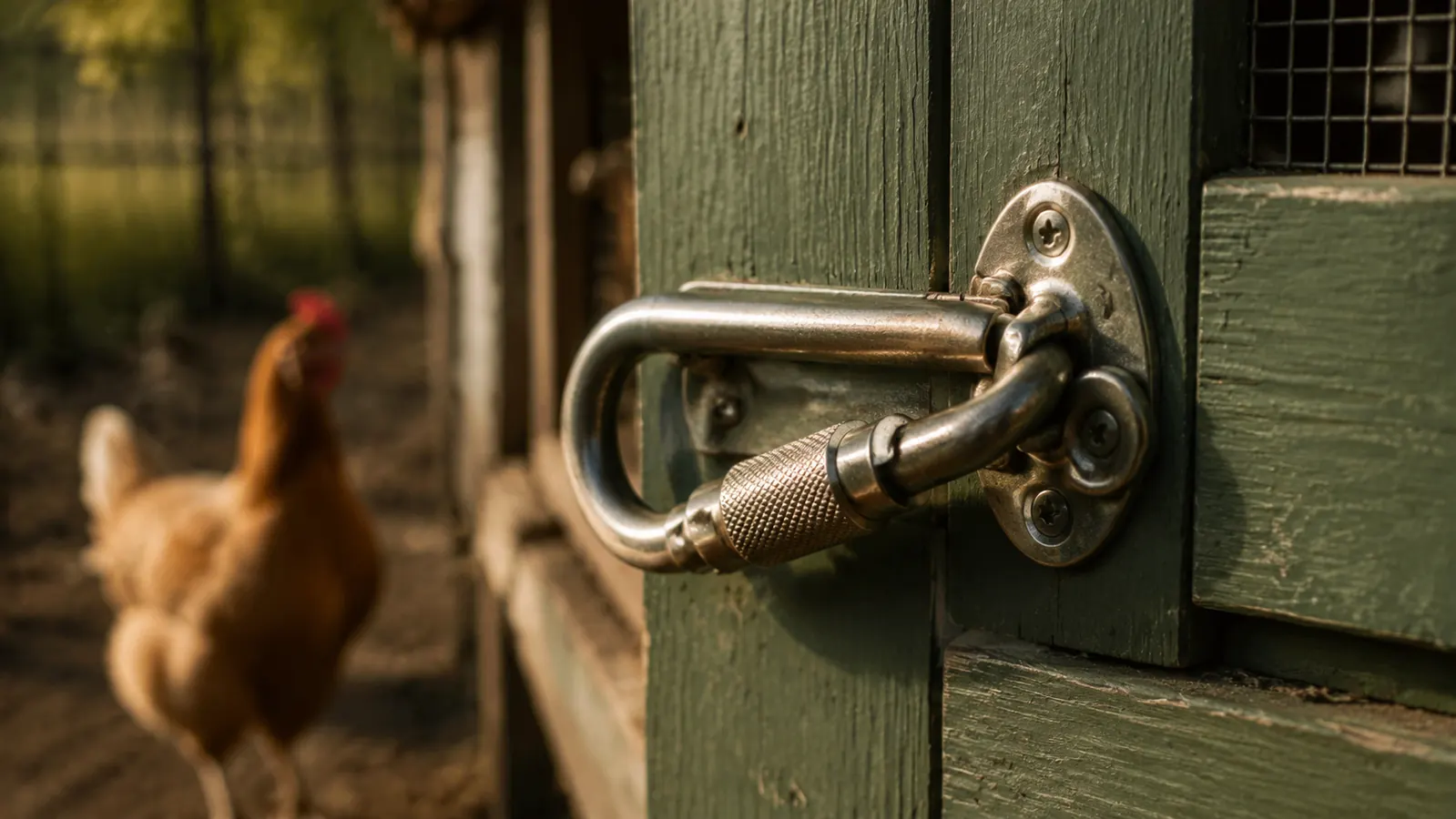 A carabiner-style locking latch installed on a wooden coop door, shown from the outside