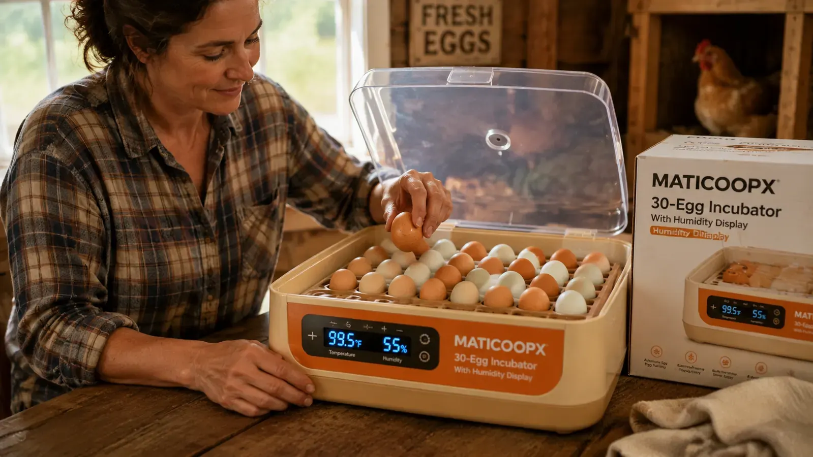 Hand placing a brown speckled egg into one of the MATICOOPX incubator egg trays, incubator open, humidity display visible