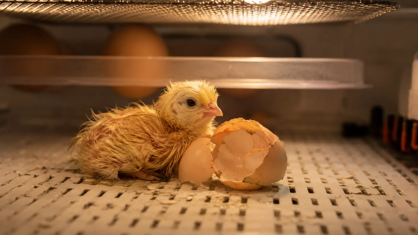 Newly hatched yellow chick still wet and resting against a cracked eggshell inside an incubator