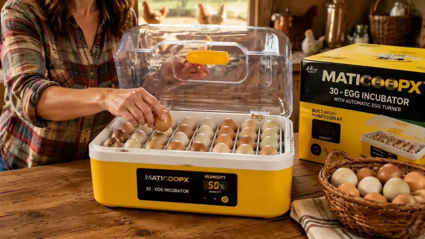 Hand placing an egg into a MATICOOPX incubator egg turner tray