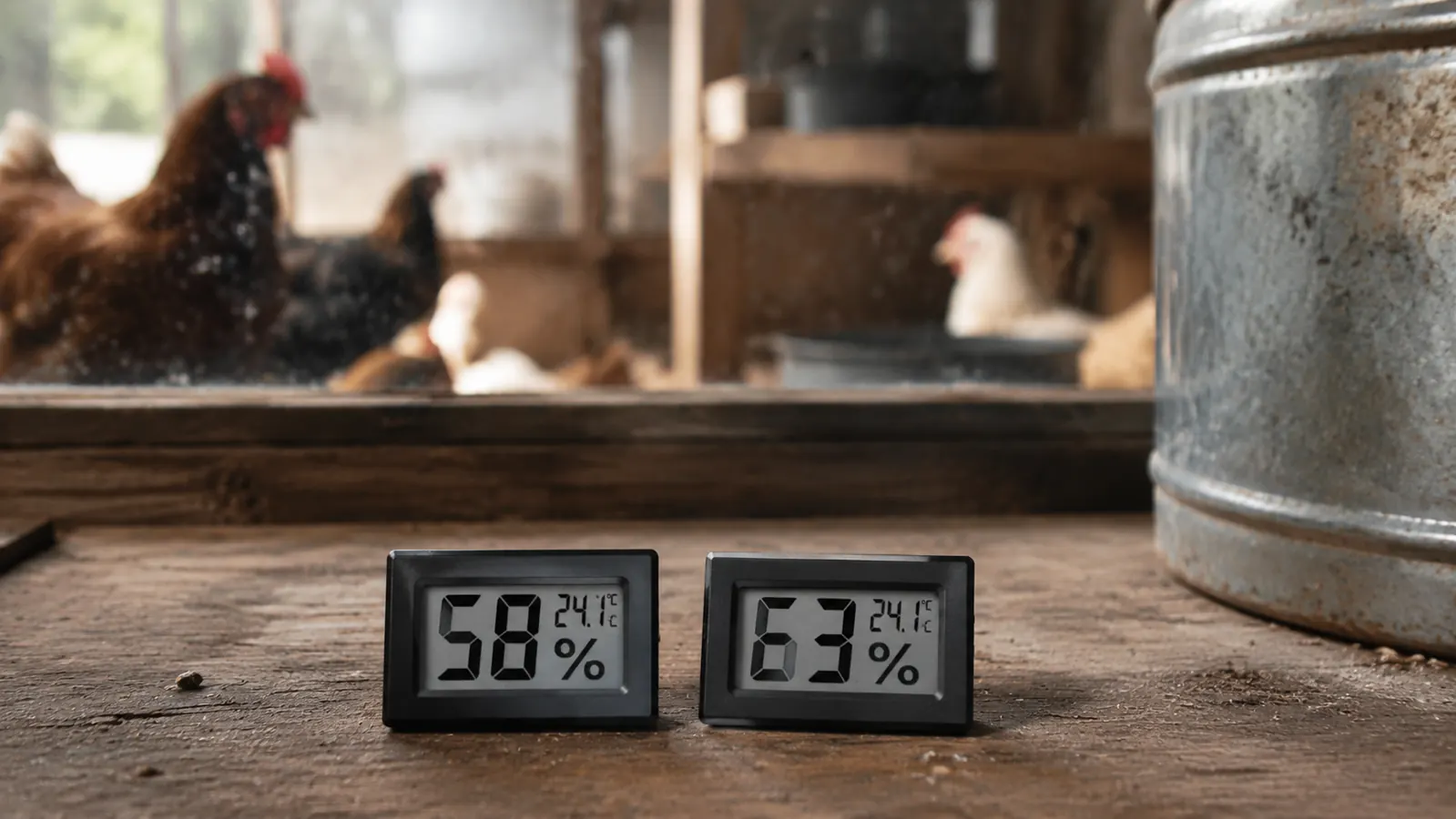 Two digital hygrometers side by side showing different humidity readings