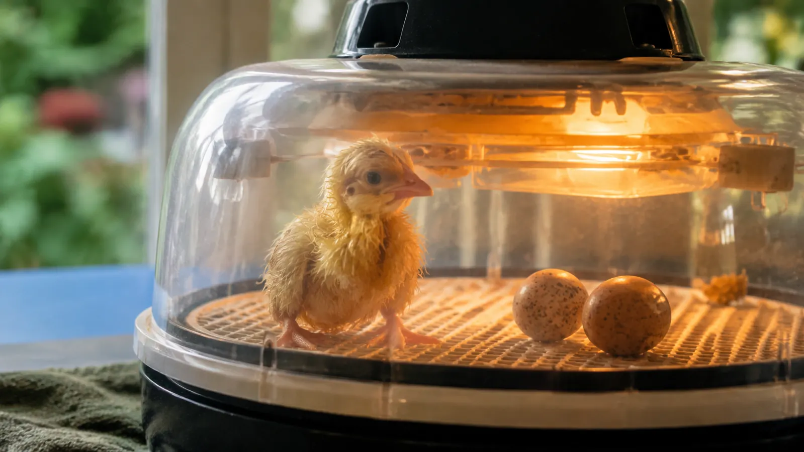 Newly hatched chick drying off inside an incubator next to unhatched eggs during lockdown