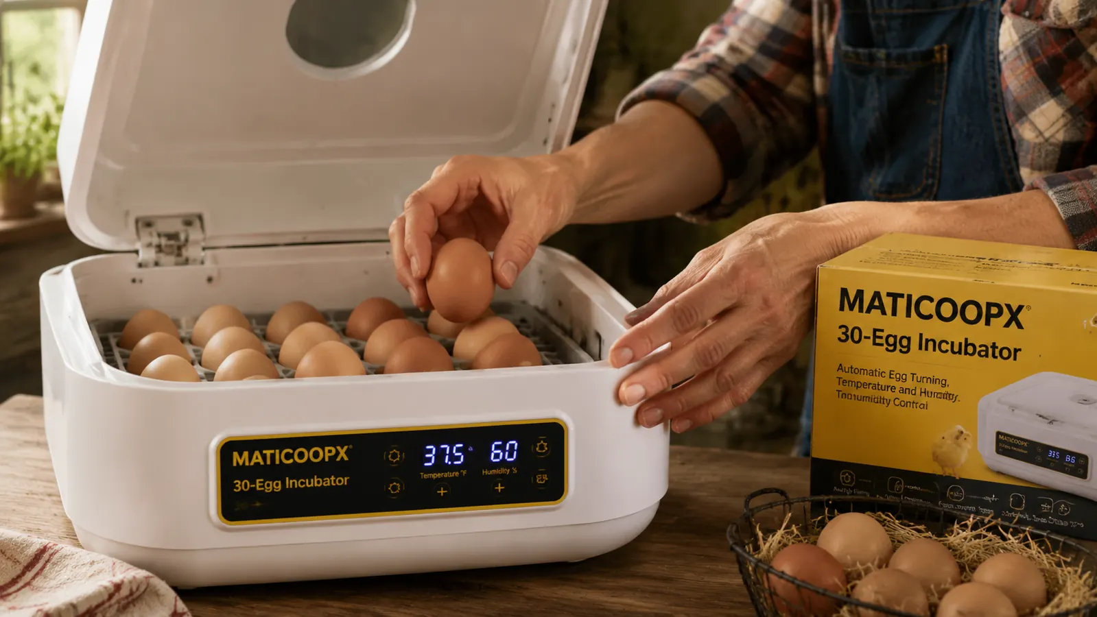 Hands loading brown eggs into the MATICOOPX 30-egg incubator tray