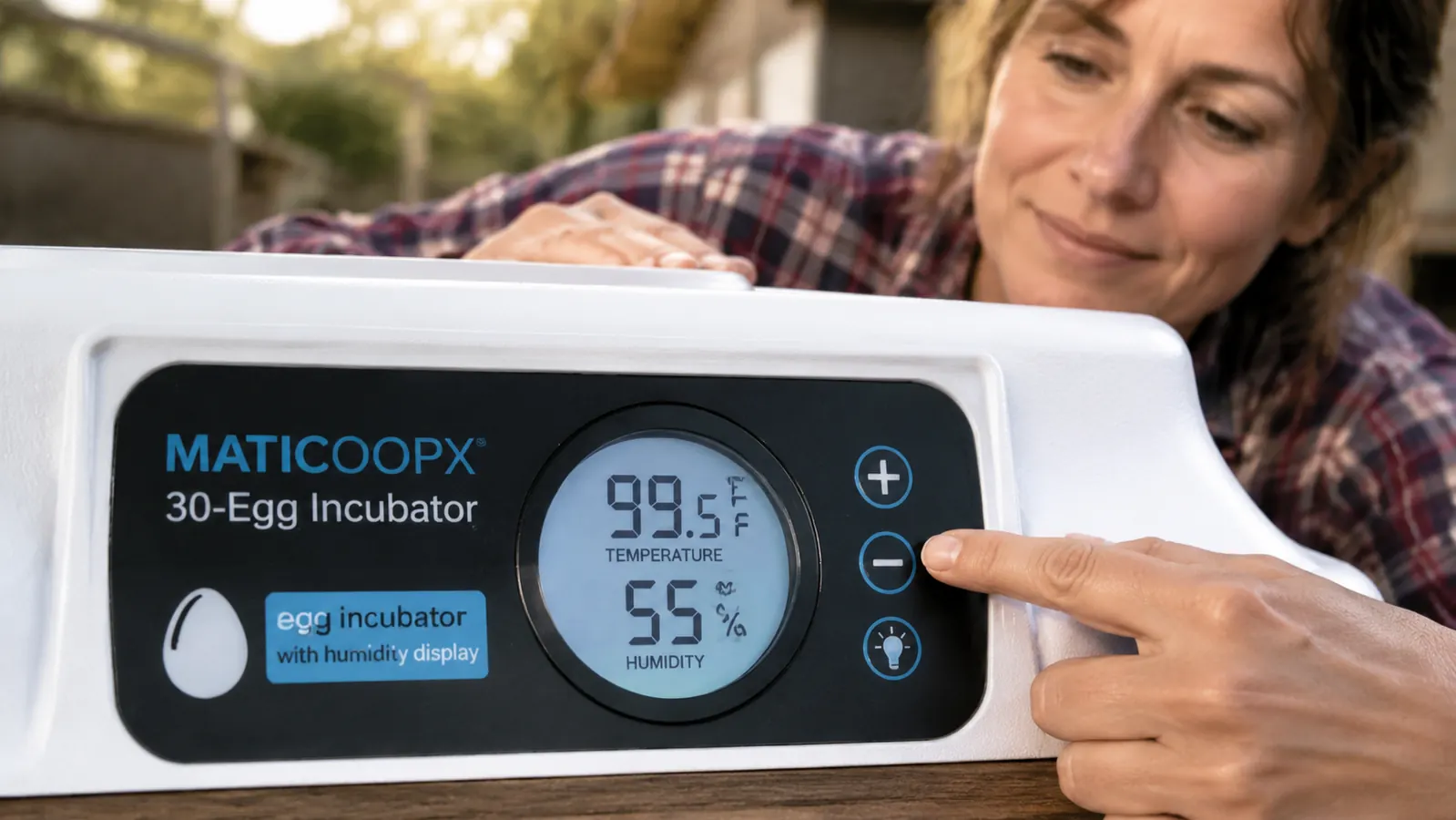 Close-up of the MATICOOPX digital display showing temperature and humidity readings