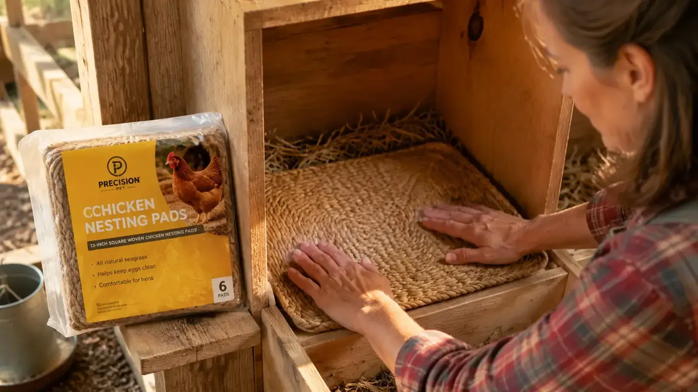 Hand placing a flat nesting pad into a wooden nesting box with straw-colored interior walls