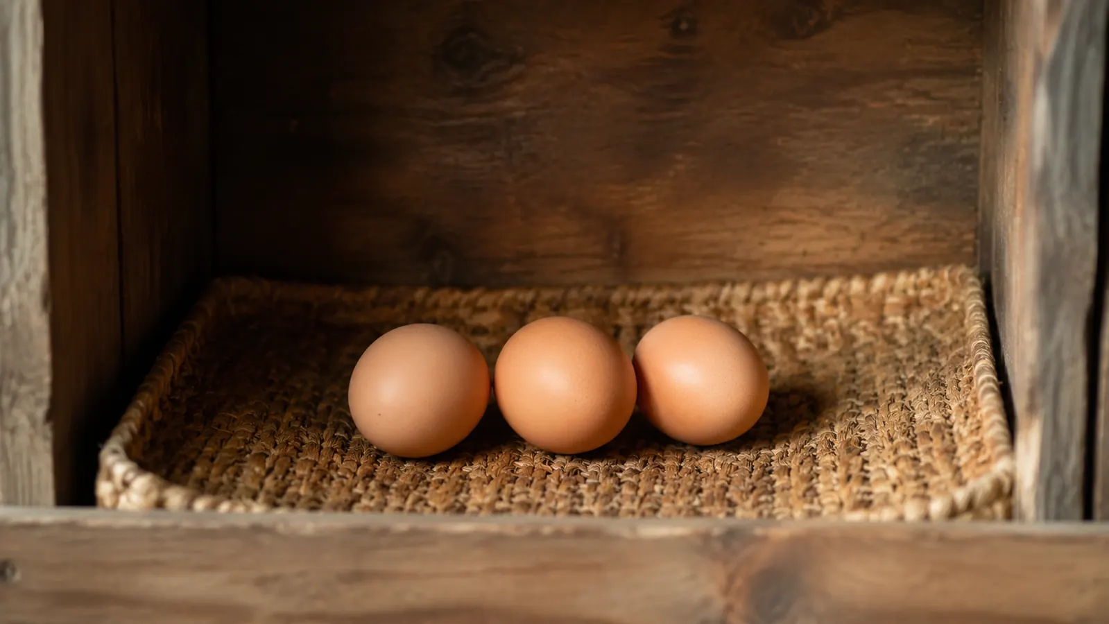 Clean brown eggs collected from a nesting box lined with a flat nesting pad, no visible soiling