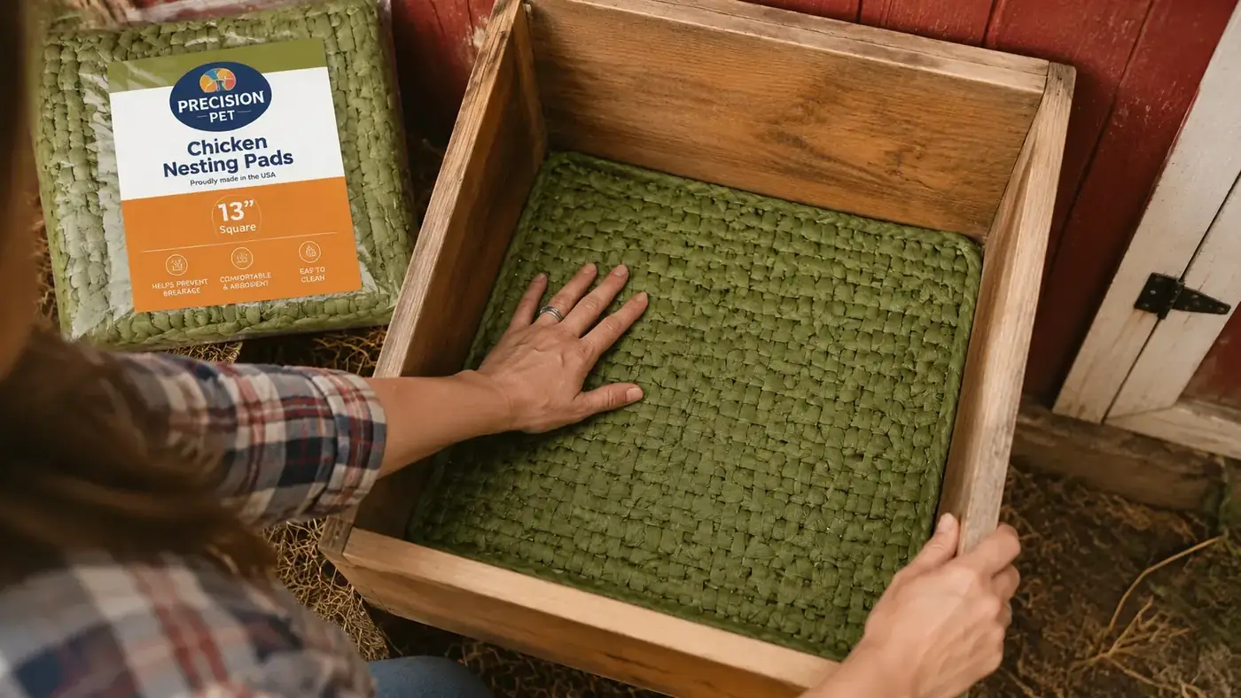 Hand pressing down on a Precision Pet nesting pad inside a 13x13 inch nest box to test fit and cushion depth