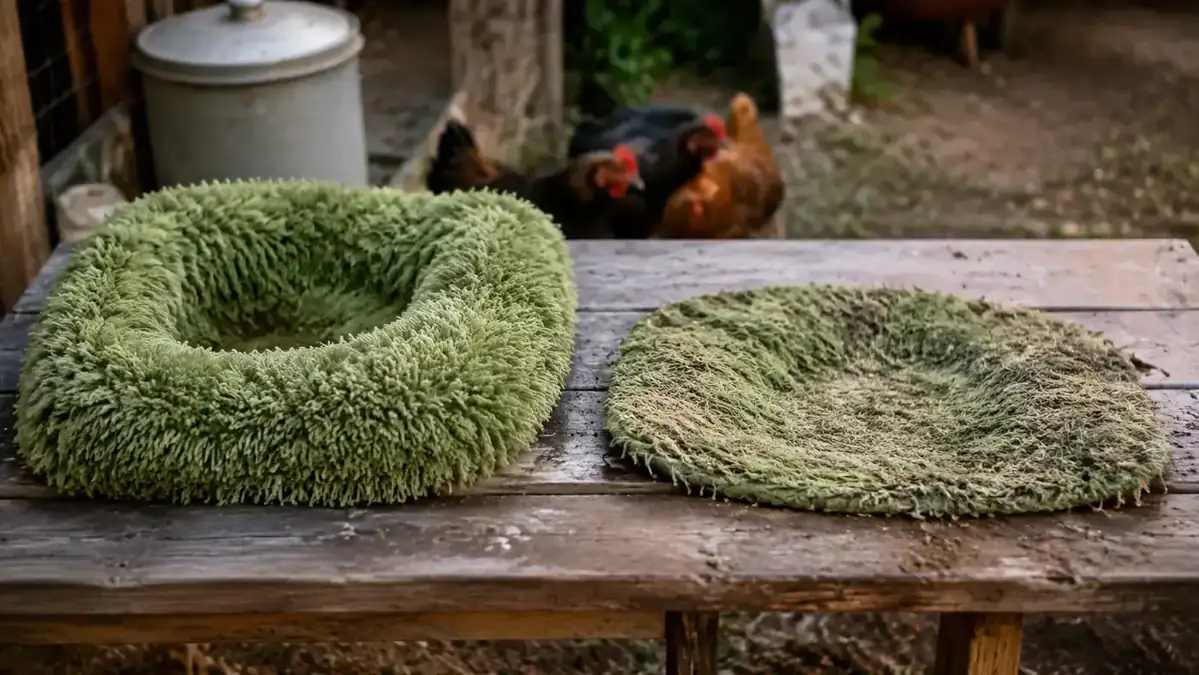 Comparison photo showing a fresh nesting pad next to a flattened worn pad after four weeks of use by a broody hen