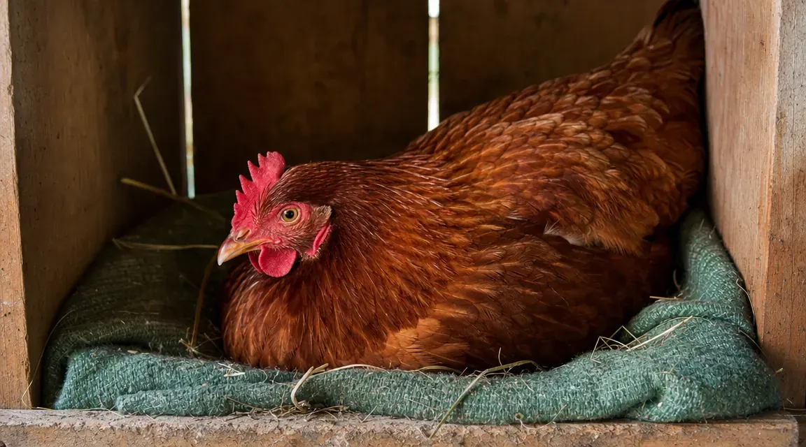 Rhode Island Red hen settled comfortably into a nest box lined with a nesting pad, looking calm and ready to lay