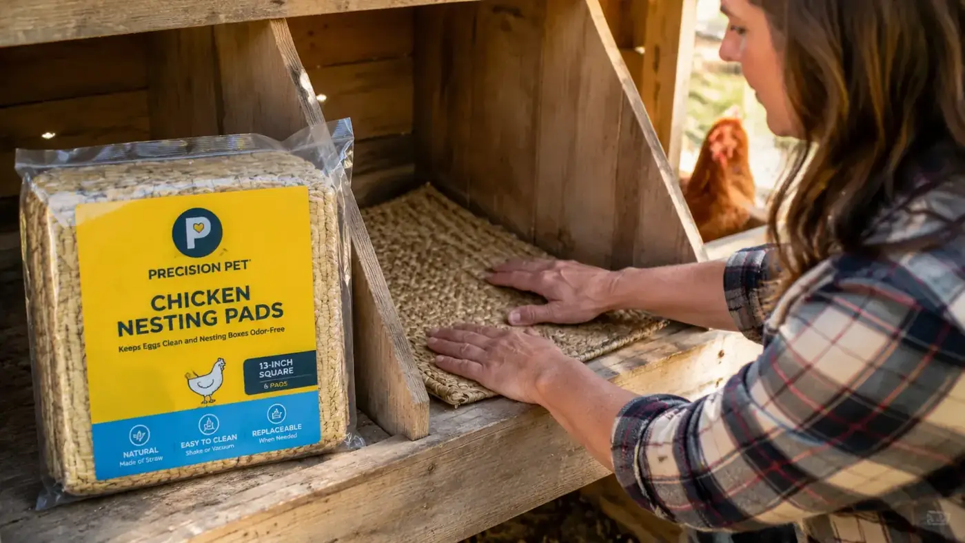Hand pressing a Precision Pet nesting pad flat into a wooden nesting box, showing the pad's texture and fit