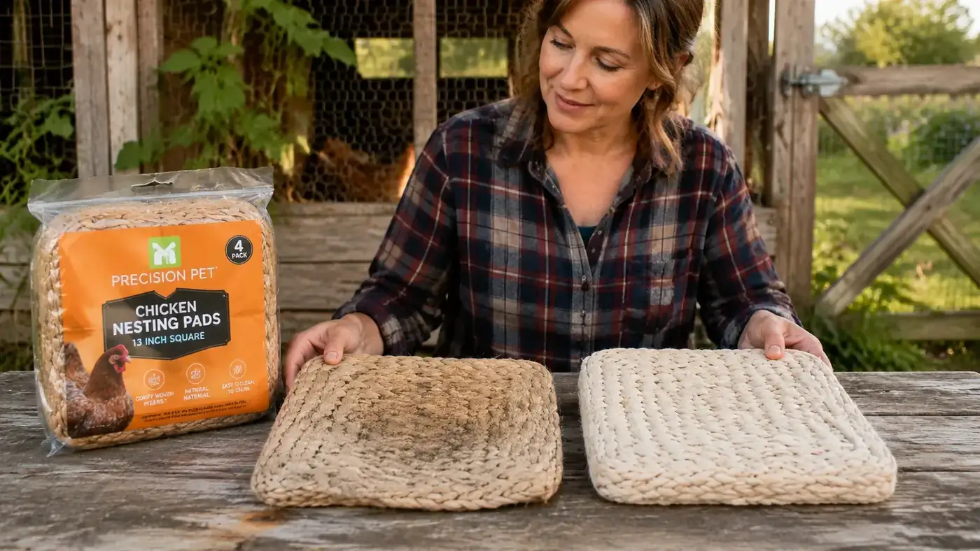 Worn nesting pad with visible flattening and light soiling after extended use, beside a fresh replacement pad