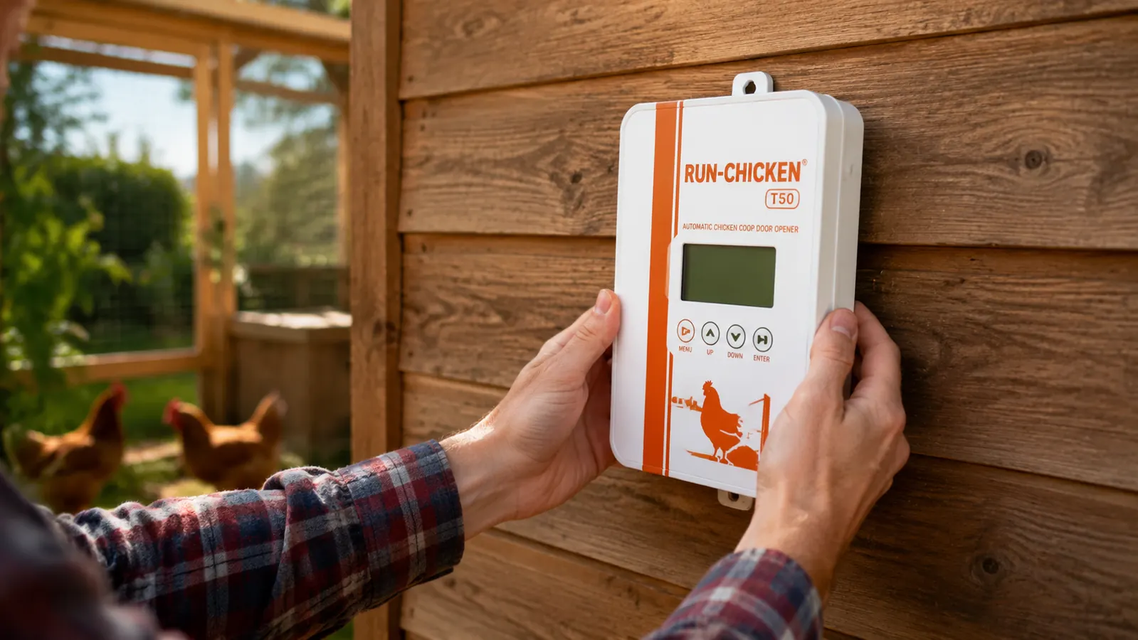 Hand holding RUN-CHICKEN T50 automatic door unit before mounting on a coop wall