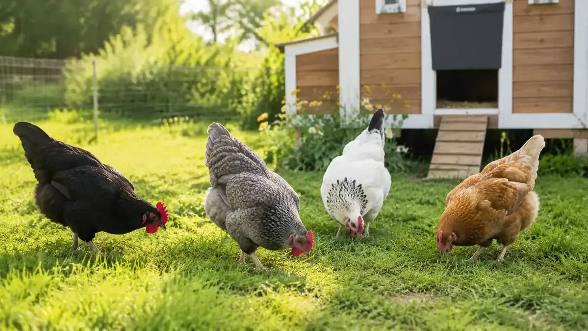 Happy backyard hens free-ranging in a sunny yard the morning after the incident
