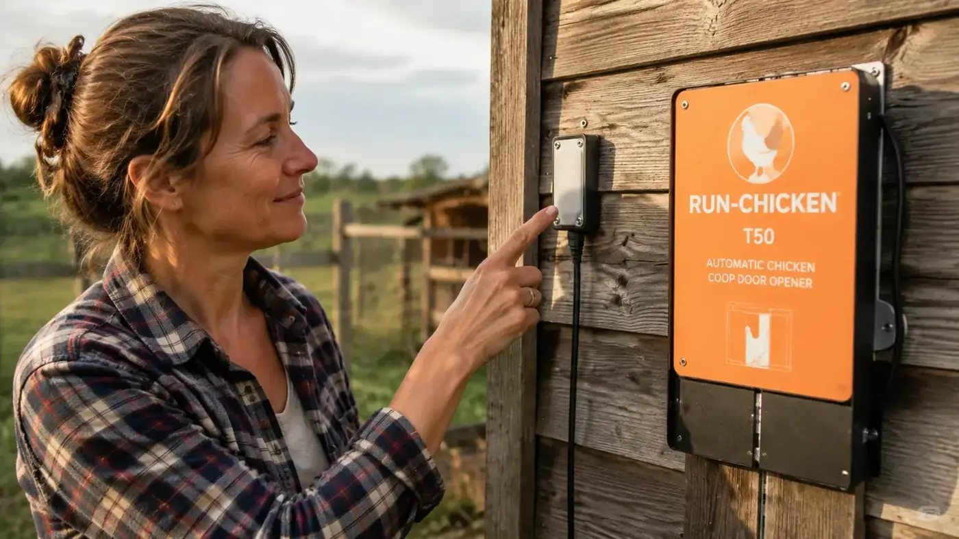 Close-up of the RUN-CHICKEN T50 light sensor and control unit mounted on a coop wall