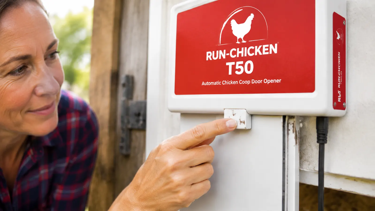 Worn door latch mechanism on a RUN-CHICKEN automatic coop door after extended use