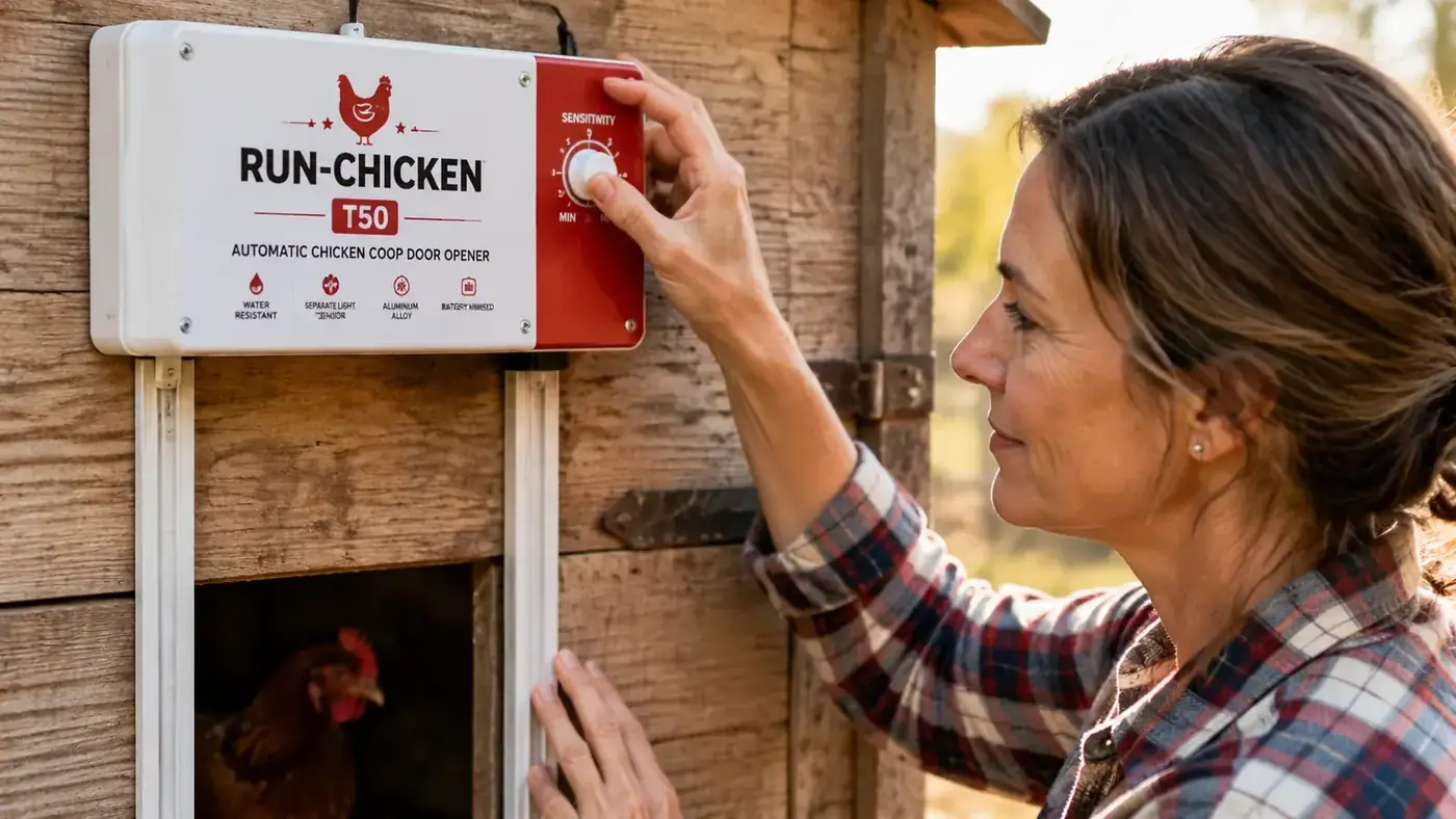 Hand adjusting the light sensor dial on the RUN-CHICKEN T50 door mounted on a coop