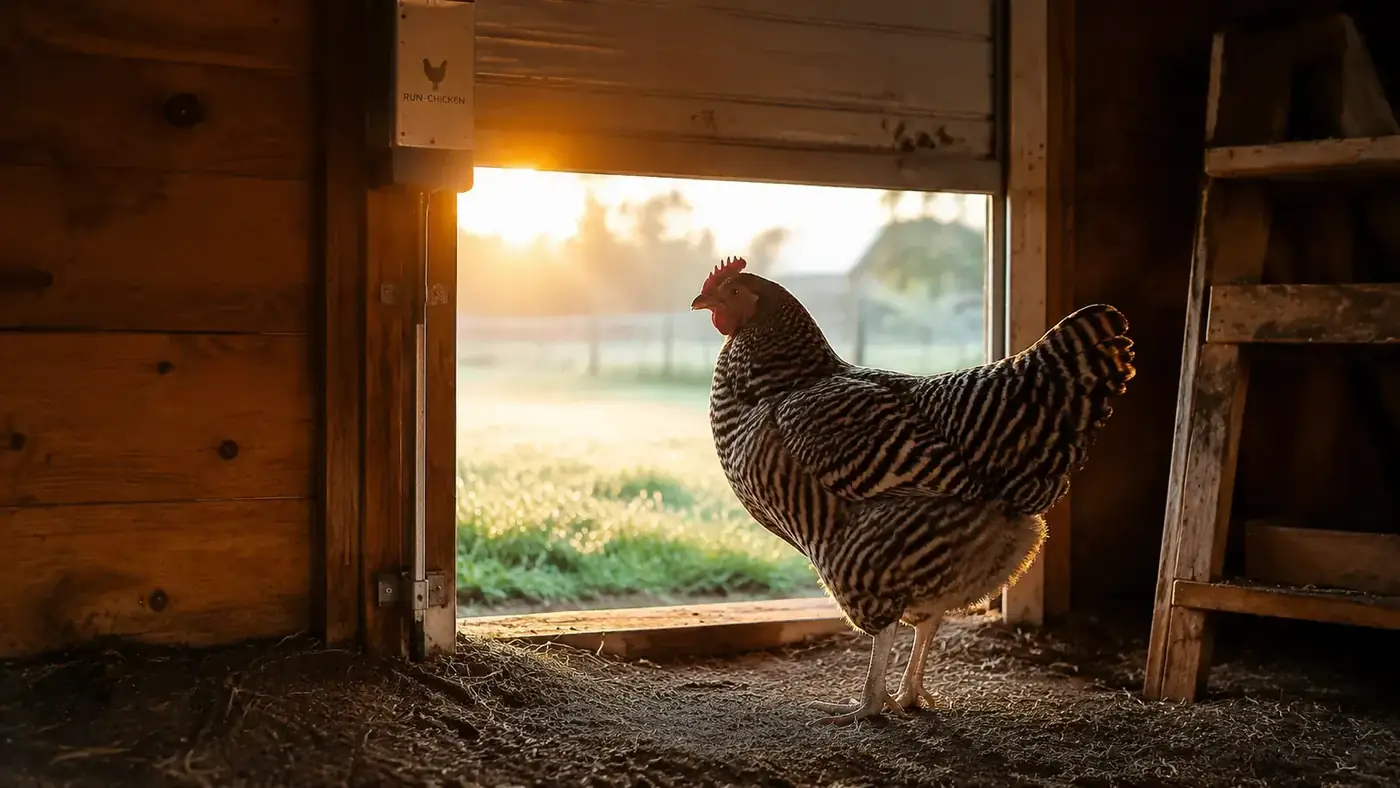 Barred Rock hen waiting at the open automatic coop door in early morning light
