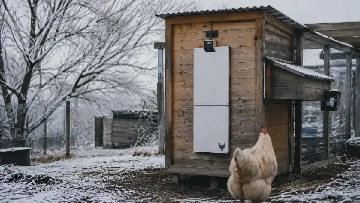 RUN-CHICKEN T50 door installed on a coop in winter, light snow on the ground, door fully closed