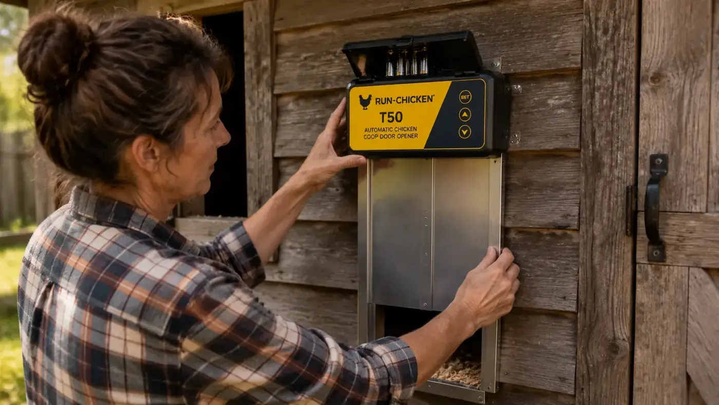 Close-up of the RUN-CHICKEN T50 door unit mounted on a coop wall, showing the light sensor and battery compartment