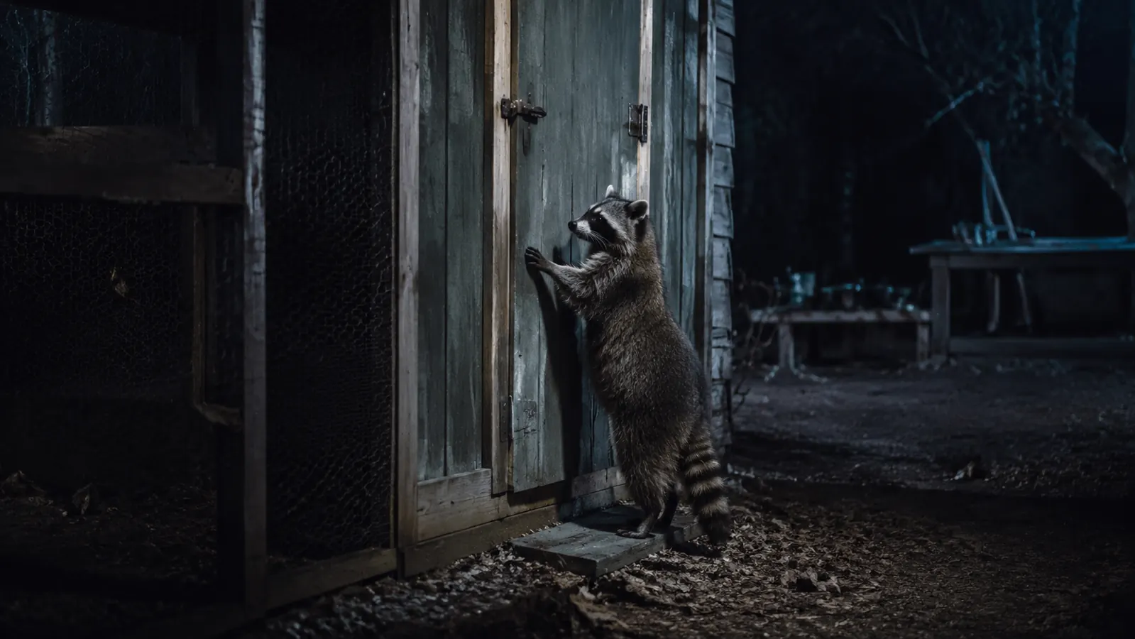 Raccoon standing at a closed wooden coop door at night, unable to get in